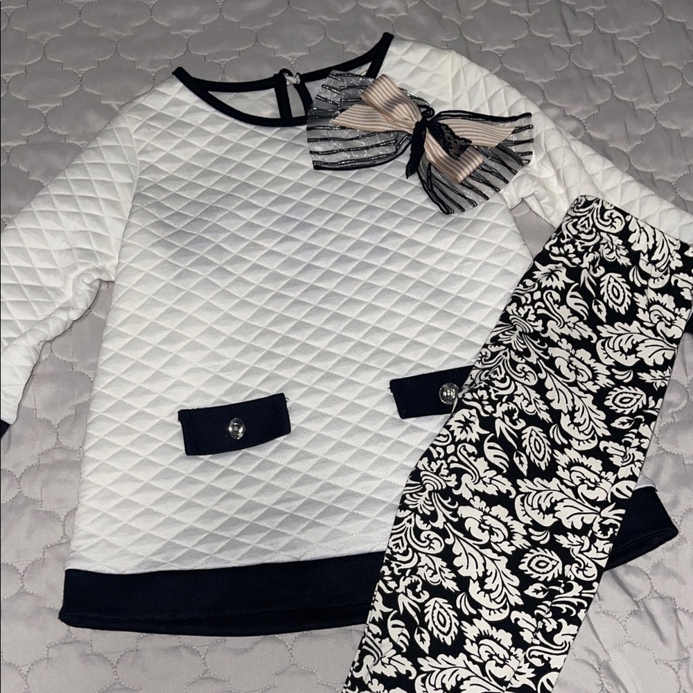 White Quilted Top with Black Trim and Bow